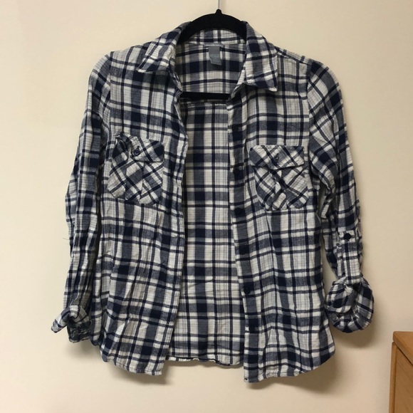 plaid navy blue button up flannel - Picture 1 of 1